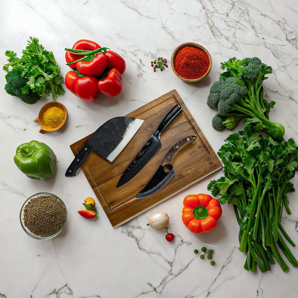 Shinrai Knives - 3 Brown Knives + Cutting Board