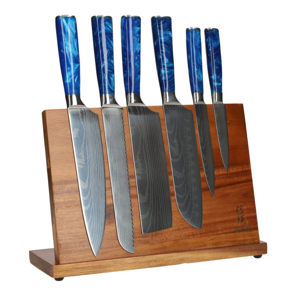 Epoxy Sapphire Damascus Print 6-Piece Knife Set + Acacia holder single-sided