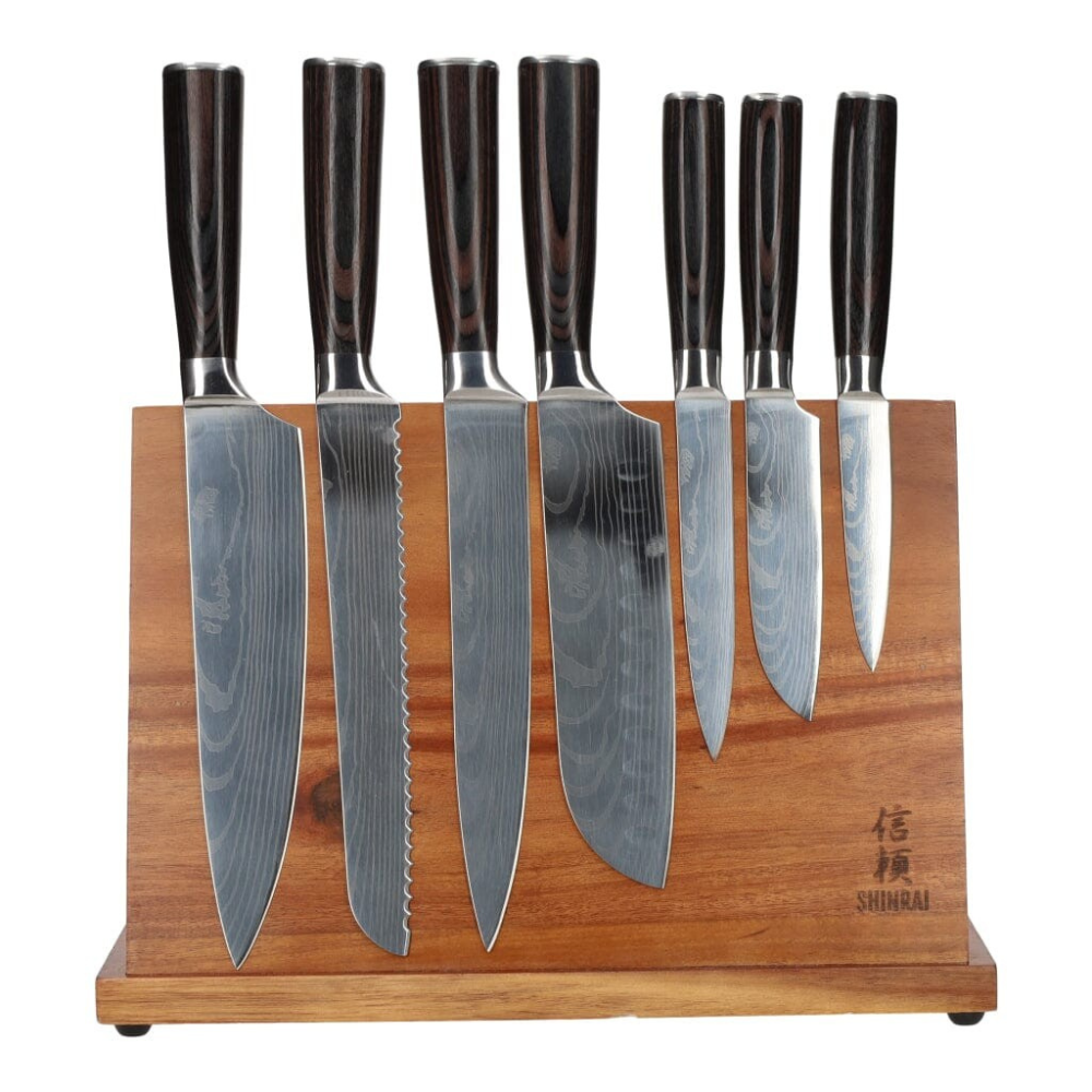 Set de couteaux imprimé Damas 7 pièces + Acacia simple face
