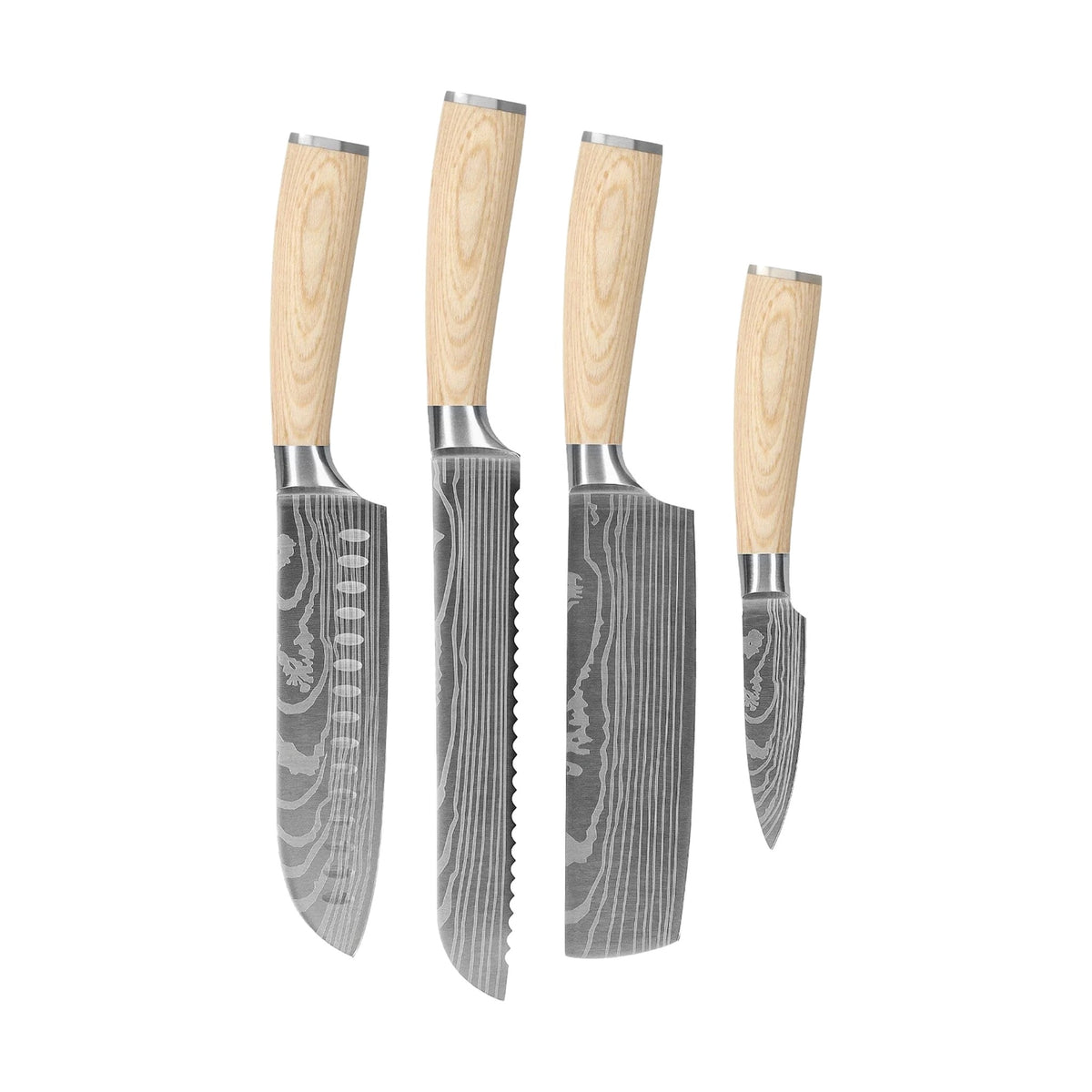 Shinrai Knives - Akari Damascus Print 4-piece set - Santoku + Bread Knife + Nakiri + Paring Knife