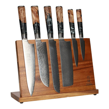 Ensemble de 6 couteaux de Damas en époxy onyx + bloc magnétique pour couteaux Shinrai (lame simple face)