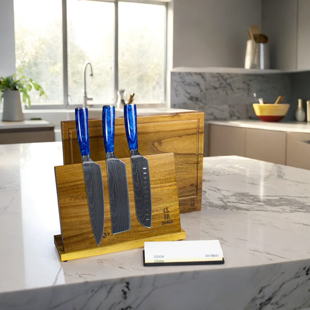 Epoxy Sapphire 3-delige messenset - Combideal XXXL Messenset met blok, snijplank en slijpsteen Shinrai Knives 