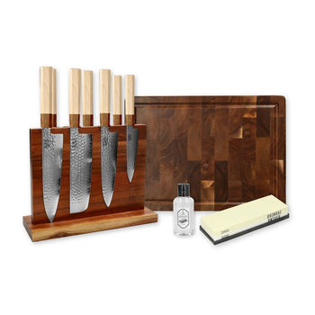 Shinrai Knives - Kirameki Damascus All You Need - 8-delige messenset + Messenblok + Slijpsteen + Snijplank + Olie