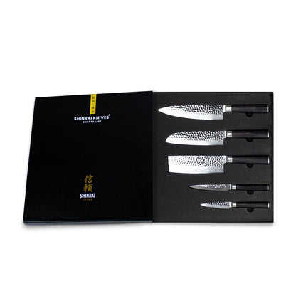 Shinrai Japan - Hammered Damast BR 5-delige Messenset + Magnetisch Messenblok Scalae - Acacia hout Shinrai Japan 