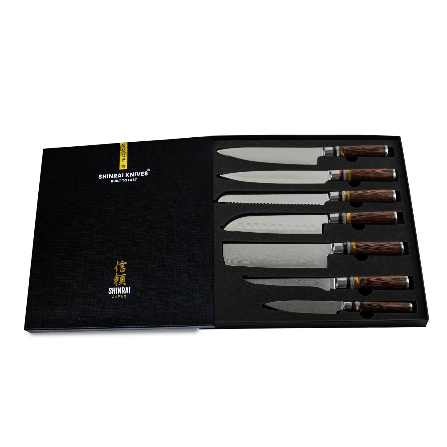 Shinrai Japan - Micarta Jewels 7-delige Damascus Messenset + Magnetisch Messenblok Dubbelzijdig - Zwart Shinrai Japan 