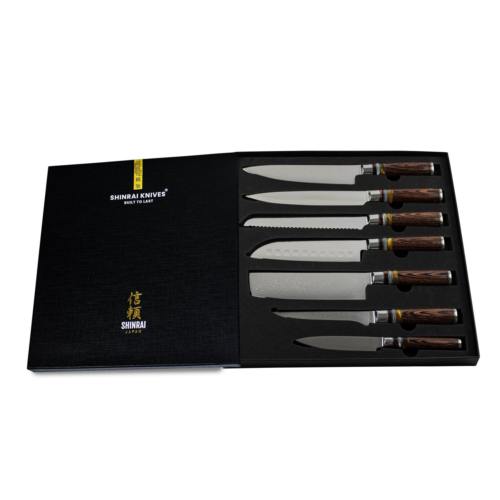 Shinrai Japan - Micarta Jewels 7-delige Damascus Messenset + Magnetisch Messenblok Dubbelzijdig - Zwart Shinrai Japan 