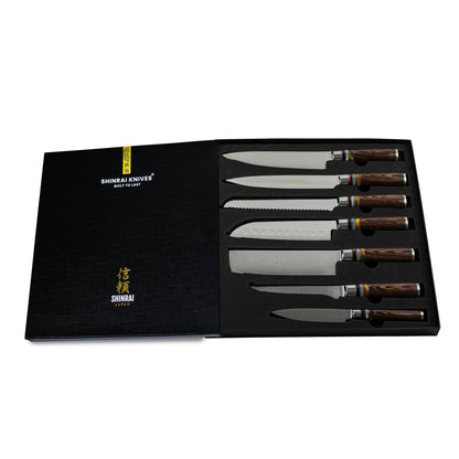 Shinrai Japan - Micarta Jewels 7-delige Damascus Messenset + Magnetisch Messenblok Dubbelzijdig - Zwart Shinrai Japan 