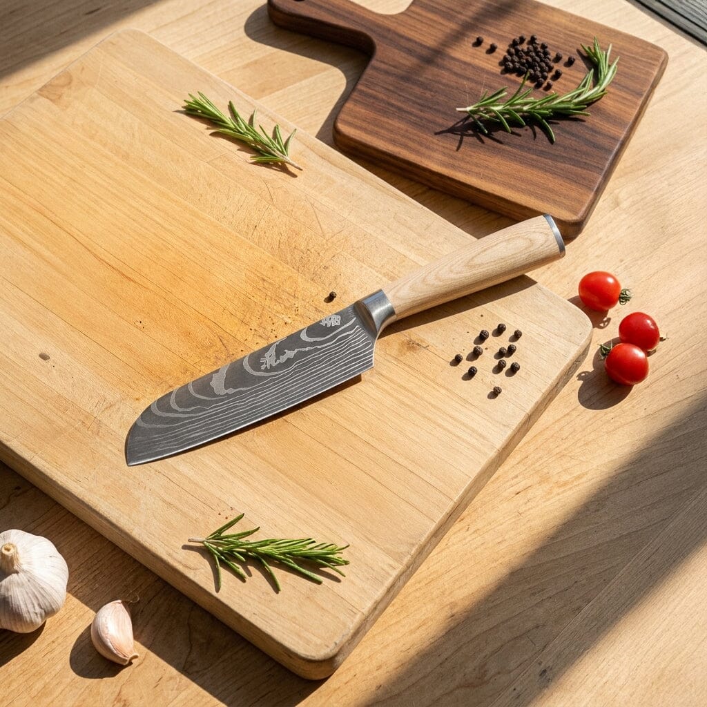 Shinrai Knives - Akari Damascus Print 6-delige Messenset + Messenmagneet Muurstrip - Acaciahout Messenset met blok Shinrai Knives 