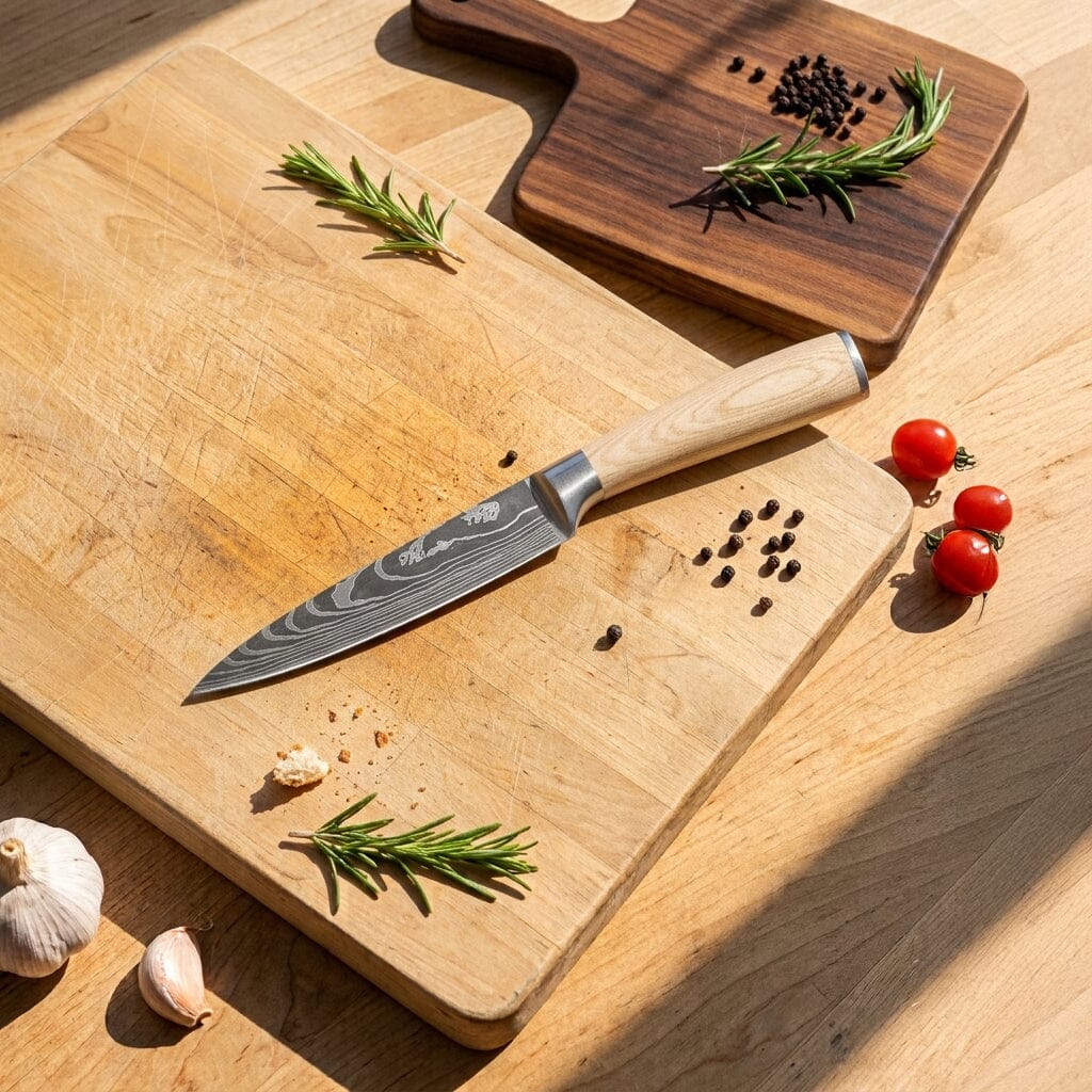 Shinrai Knives - Akari Damascus Print 6-delige Messenset + Messenmagneet Muurstrip - Esdoornhout Messenset met blok Shinrai Knives 