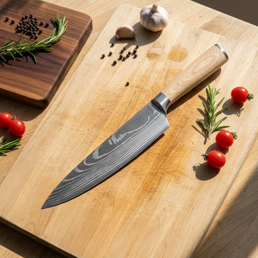 Shinrai Knives - Akari Damascus Print 6-delige Messenset + Messenmagneet Muurstrip - Walnotenhout Messenset met blok Shinrai Knives 