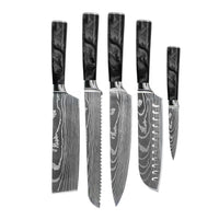 Shinrai Knives - Damascus Print Epoxy Onyx 5-delige Messenset - Koksmes + Broodmes + Nakiri + Santoku + Schilmes Messenset Shinrai Knives 