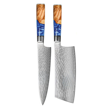 Couteaux Shinrai - Coffret de 2 couteaux damassés en saphir époxy - Couteau de chef + couteau Nakiri