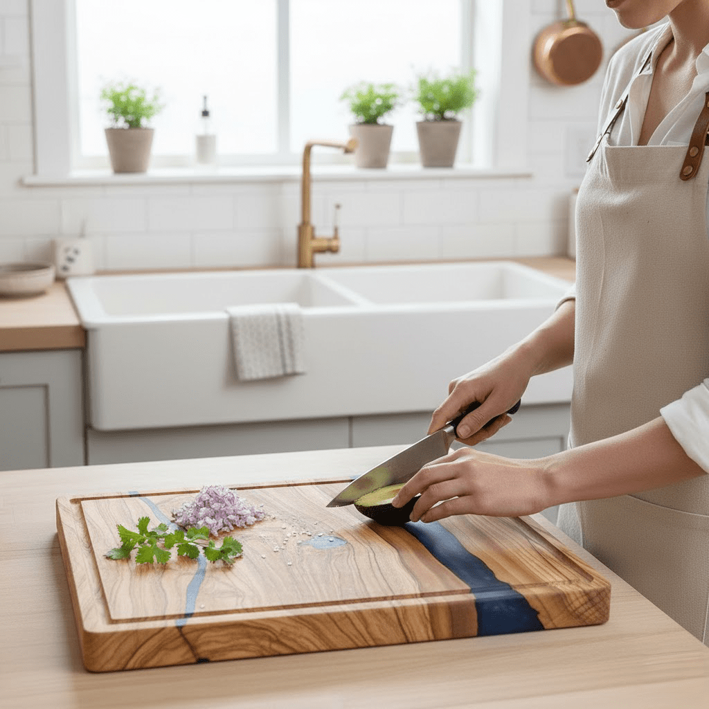 Shinrai Knives - Epoxy Sapphire Snijplank Olijfhout - 40 x 30 x 3 cm Houten snijplank Shinrai Knives 