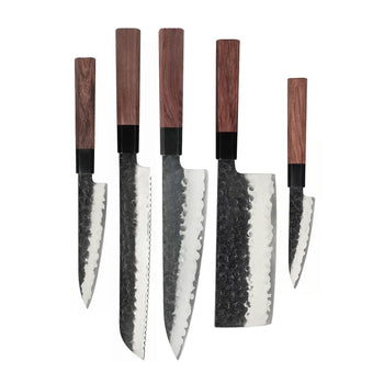 Couteaux Shinrai - Ensemble de couteaux damas Kurayami 5 pièces - Couteau de chef + couteau à pain + Nakiri + couteau d'office + couteau à éplucher Ensemble de couteaux Shinrai Knives