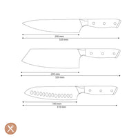 Shinrai Knives - Parelmoer Jewels 3-delige Damascus Messenset - Koksmes + Nakiri + Santoku Messenset Shinrai Knives 