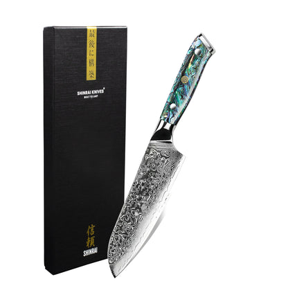 Shinrai Knives - Parelmoer Jewels Damascus Santoku mes 18 cm Santokumes Shinrai Knives 