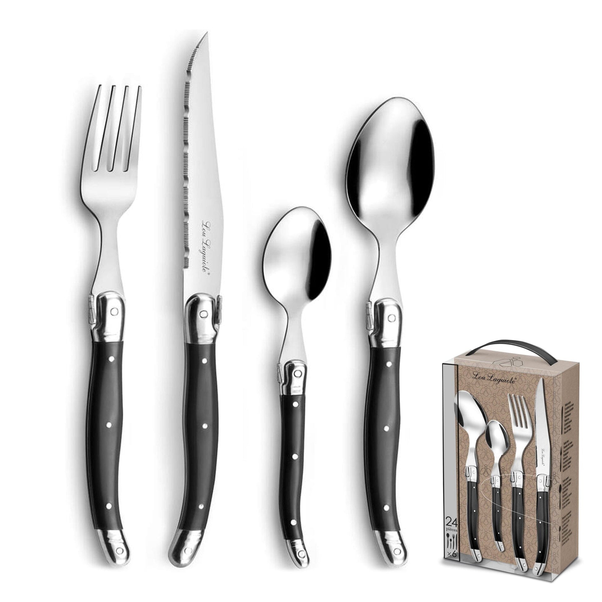 Lou Laguiole - 24-pc cutlery set in open window box - anthracite Bestekset Lou Laguiole 